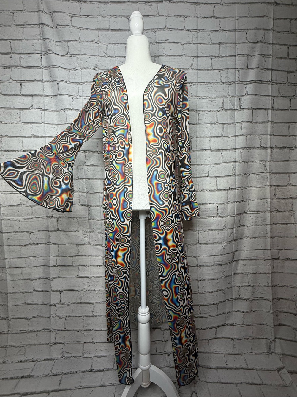 Flare Sleeve Long Mesh Duster Cardigan XS Psychedelic Indie Hippie 70s Cover Up